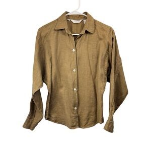 Vintage Toto n Ko Size Small Olive Green 100% Linen Button Long Sleeve Collared